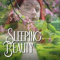 A translucent image of a woman peering through some branches is on top of an image of the maze. White text says "Sleeping Beauty".