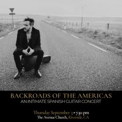 Black-and-white promotional image of Spanish guitarist Diego García seated on his guitar case in the middle of an empty rural road.