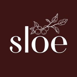 The word sloe in white text on a burgundy background. There is a white line drawing of a sloe branch with 5 sloe berries and 7 blackthorn leaves positioned above the o and e of sloe