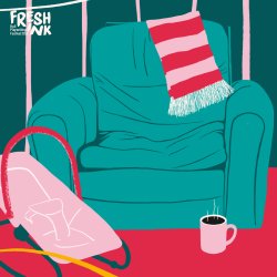 Illustration of an armchair with a striped football scarf draped over the back. In the foreground is a baby chair on the floor.