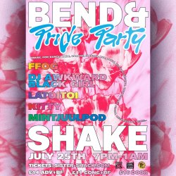 A pink, red and white poster that says Bend&Shake Queer Party with hearts in the middle