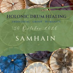 background image of drums with text Holonic Drum Healing