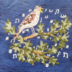A paper collage of a nightingale singing in a blackthorn bush
