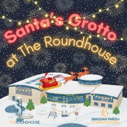 A cartoon image of the Roundhouse building with Santa on his sleigh pulled by reindeer overhead.