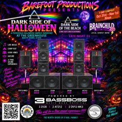 Dark Side of Halloween event flyer featuring a psychedelic neon Halloween design. Live music by Dark Side of the Beach and Braichild at The GreenHouse, with an overnight Halloween campout experience.