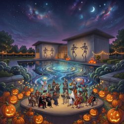 Animated Halloween concert with costumed musicians surrounded by jack-o-lanterns