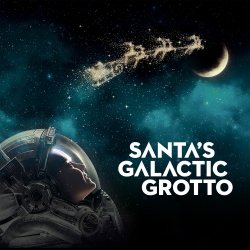 kid dressed as astronaut looking at santa and his sleigh in the stars