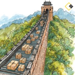 Illustration of the Great Wall of China winding over hills with parcels working their way down.