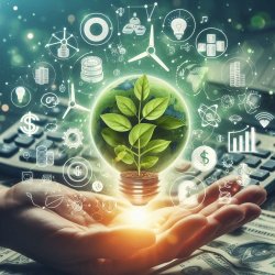 Hand holding a bulb with plant growing in it surrounded by symbols and currency signs