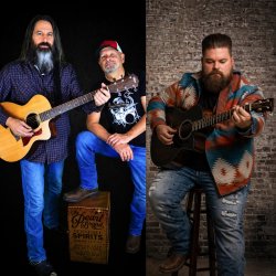 Adam McCorkle with guitar, Tom Dickenson, and Kendall Levesque with guitar in a promo image for their June 6 show at David’s 105 in Monroe, GA