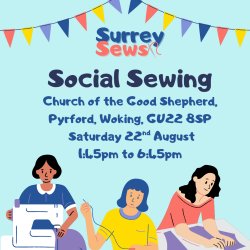 Social Sewing: Church of the Good Shepherd, Coldharbour Rd, Woking. Saturday 27th June 1.45 - 7.00pm. Surrey Sews. Bright blue background with cartoon people sewing.