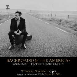 Black-and-white promotional image of Spanish guitarist Diego García seated on his guitar case in the middle of an empty rural road.