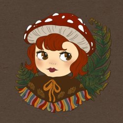 A bust of Blythe doll with short, dark red hair is wearing a red toadstool hat and a brown cape shawl adorned with a hedgehog motif. Green ferns adorn the background.