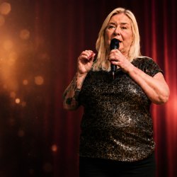 Online. Spiritual medium Elaine Somerville holding a microphone beside details for the online From Spirit, With Love mediumship event on 17 August via Zoom.