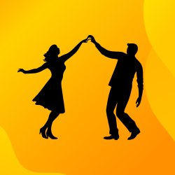 picture of two people dancing. black silhouette on orange background