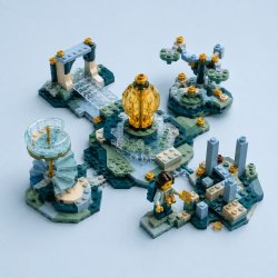 LEGO minifigure with a backpack and binoculars explores new career possibilities built around a central gold capability model.