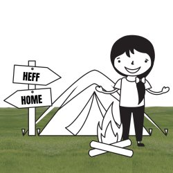 A simple graphic of a person standing in front of a tent and sign post for HEFF.