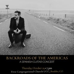 Black-and-white promotional image of Spanish guitarist Diego García seated on his guitar case in the middle of an empty rural road.