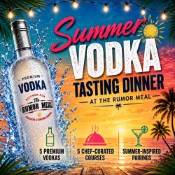 Summer Vodka Tasting headline next to a vodka bottle on a summer sunset background.