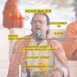 Poster for Adam Bauer sacred chant at Sun Studio, Florence MA, 7-9PM on Dec 12 2025 with chanting at harmonium photo.