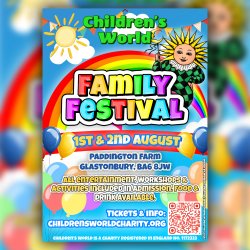 Wording Family Festival in bright colours over a rainbow and the sun and clouds