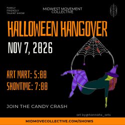 Scary hotel background with a ghostly bellhop contortionist. Text at the bottom reads Midwest Movement Collective Presents The Last Resort Talent Show + Artist Market