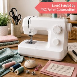 Image of a sewing machine and sewing accessories, scissors, fabrics and threads
