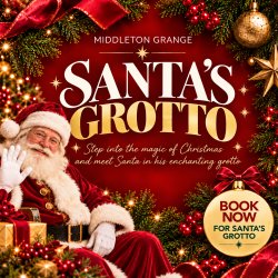 Middleton Grange Shopping Centre presents Santa's Grotto.  Santa is sharing presents.
