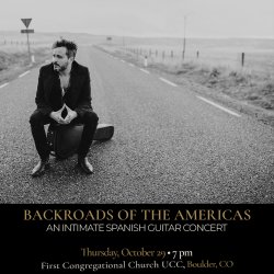 Black-and-white promotional image of Spanish guitarist Diego García seated on his guitar case in the middle of an empty rural road.