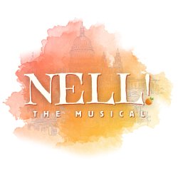 The words Nell! The Musical on orangy background