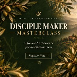 Disciple Maker Masterclass event graphic featuring the Proof of Purchase tree emblem