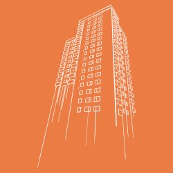 White pencil illustration of a residential tower block stretching into the sky