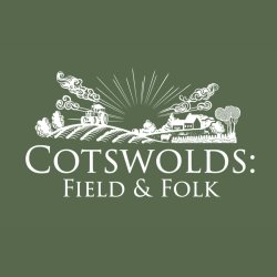 Cotswolds: Field & Folk logo. White etchings of a countryside scene on a dark green background