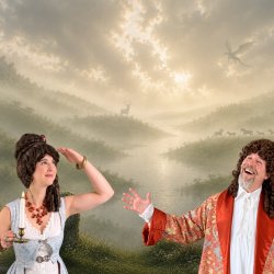 Lady and Lord Dosis of Poetry Nap beckon toward a dreamlike landscape of misty green hills, a winding lake, and a dragon soaring through luminous clouds.