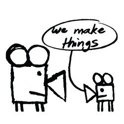 A big camera and a small camera stand side by side. A speech bubble from small says 'We make things'