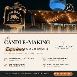 Community Candle Co. candle-making experience at Armor Brewing Co. in Allen, Texas, featuring the brewery exterior, Armor Brewing logo, and a premium candle wax pour.