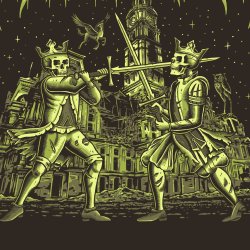 stylized depiction of two swordfighters in front of stylized image of Philly City Hall