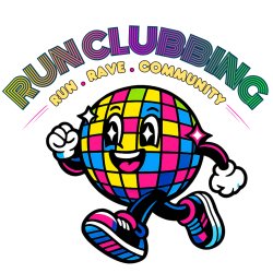 a smiling cartoon disco ball wearing green trainers and white gloves. It points to the sky with the text 'run clubbing' forming an arch around it.