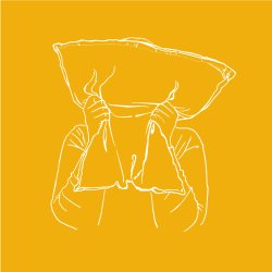 White pencil illustration of a person burying their face in a clutched pillow