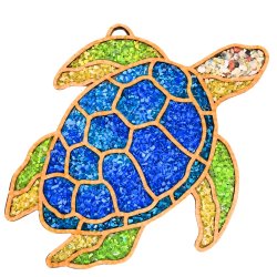 Wood frame in the shape of a turtle with a pointy witch's hat filled with flowers filled with  vibrantly dyed crushed glass