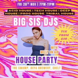 Milly On Air poses in a dark purple boob tune with a mahogany bob, the back ground is orange pink and purple zebra print, tickets are £10,  broad spectrum house music will be played