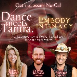 Dance Meets Tantra: Embody Intimacy. An image of Rachel, Spencer and Enki, the three facilitators of the 4 day immersion.