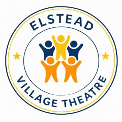 Elstead Village Theatre's logo is circular with stylised people in blue, yellow and orange, and two yellow stars