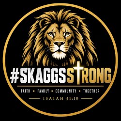 #SKAGGSSTRONG lion logo with Isaiah 41:10 and Faith, Family, Community, Together.