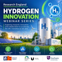 The image shows a hydrogen storage tank and container along with solar panels and stating the Research England Hydrogen Innovation Project is running a hydrogen webinar series