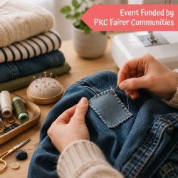 Hand sewing a denim patch onto jeans