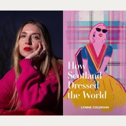 A portrait of a woman beside a pink book cover