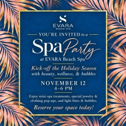 Evara logo with Spa Party at Evara Beach Spa written with pink palms and blue background