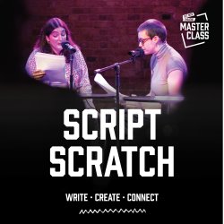 Three young actors sit at a table reading a piece to an audience.