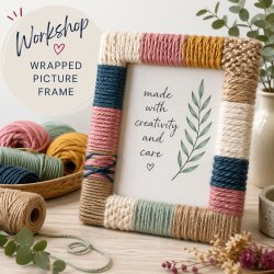 Picture frame wrapped in different coloured yarns with a bowl of coloured yarns beside it